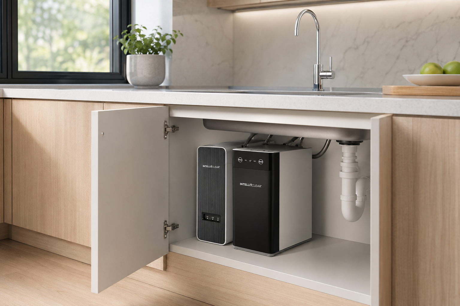 Under-sink water filtration and reverse-osmosis system installed in a Houston kitchen cabinet